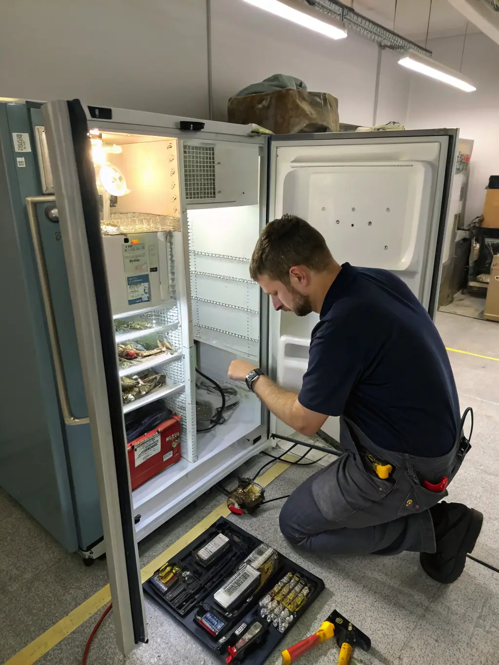 A technician seamlessly repairing a built-in Sub-Zero appliance, integrated into modern kitchen cabinetry, showcasing the precision and care involved.