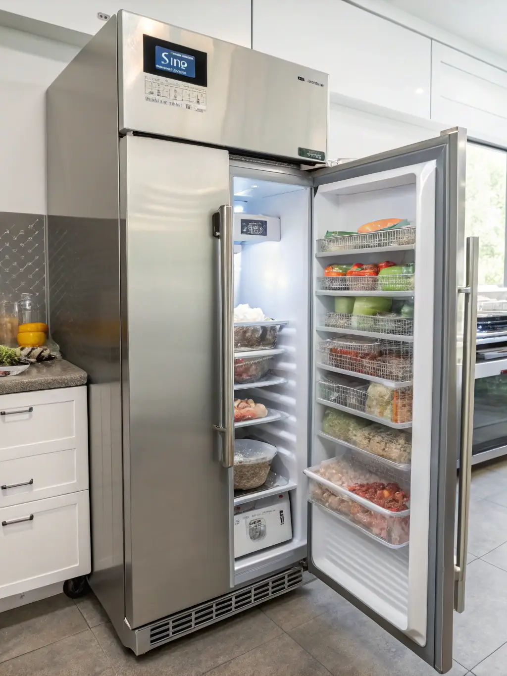 A professional inspecting a Sub-Zero freezer, highlighting the digital display and temperature controls in a contemporary kitchen setting.