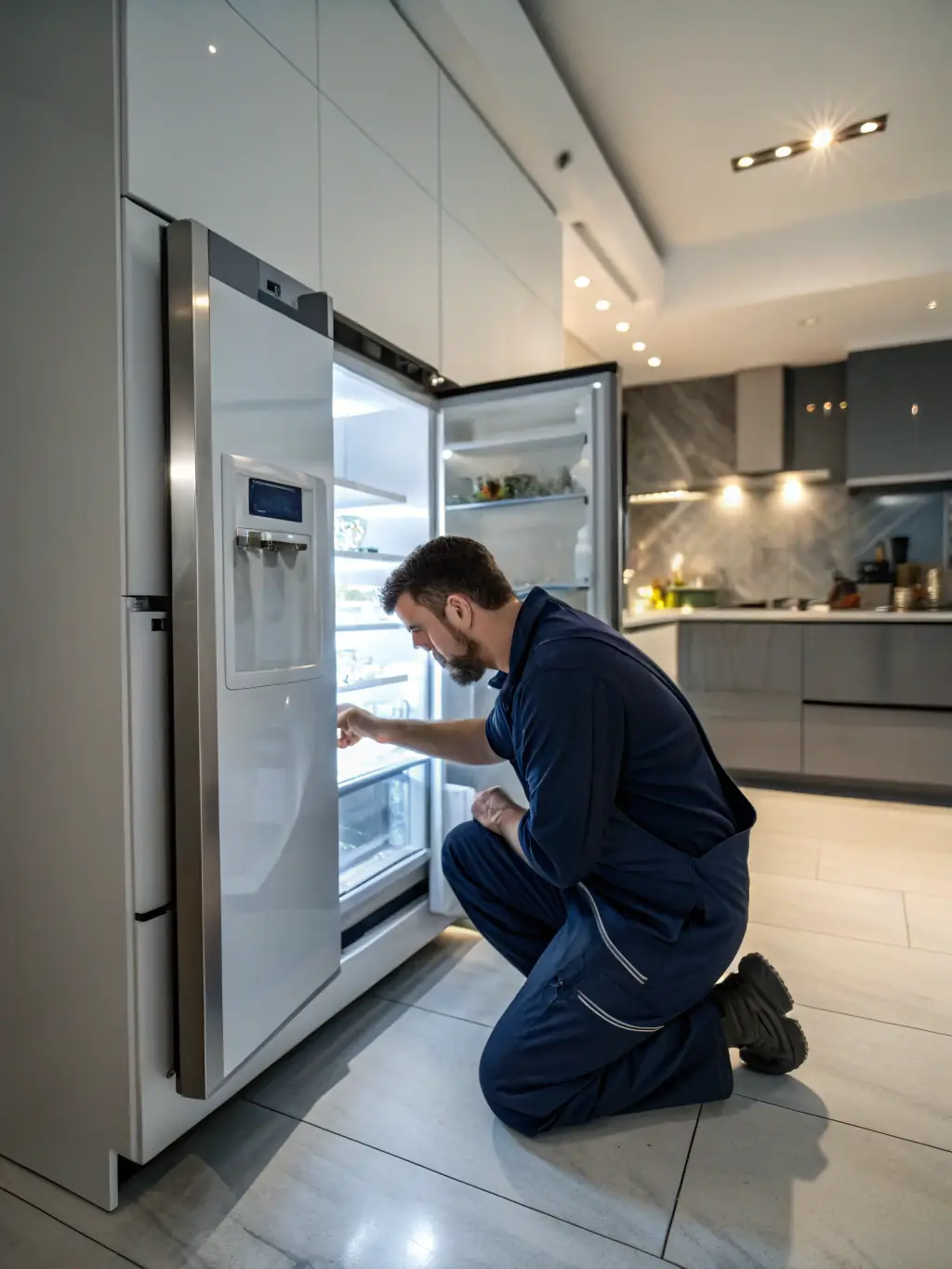 A technician expertly repairing a Sub-Zero refrigerator, with focus on the internal components and diagnostic tools in a well-lit, modern kitchen.